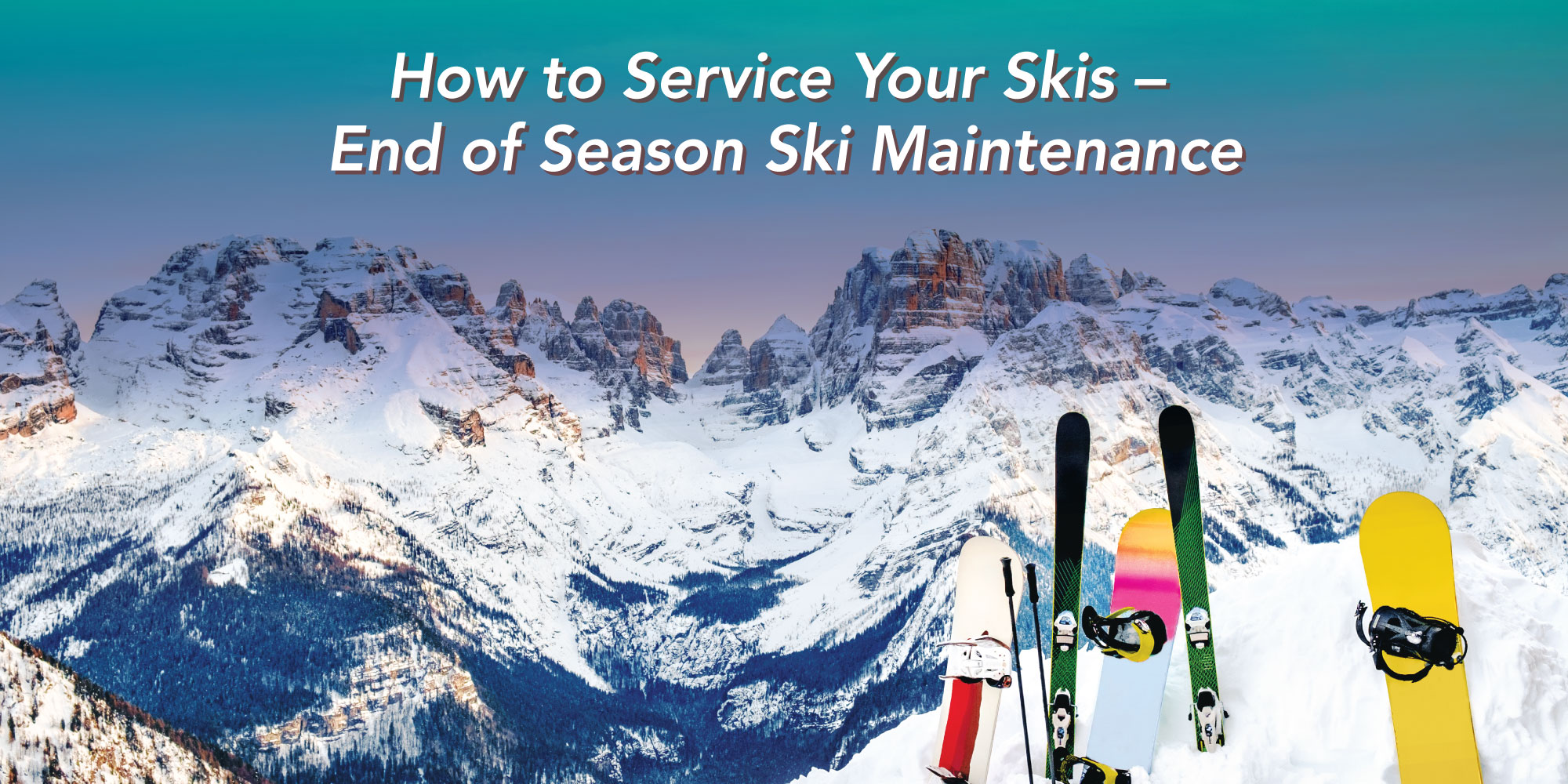 Skis and snowboards at edge of high mountains