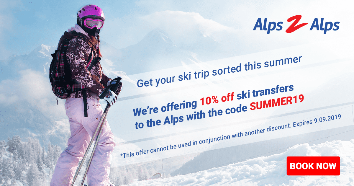 Female skier with summer offer text