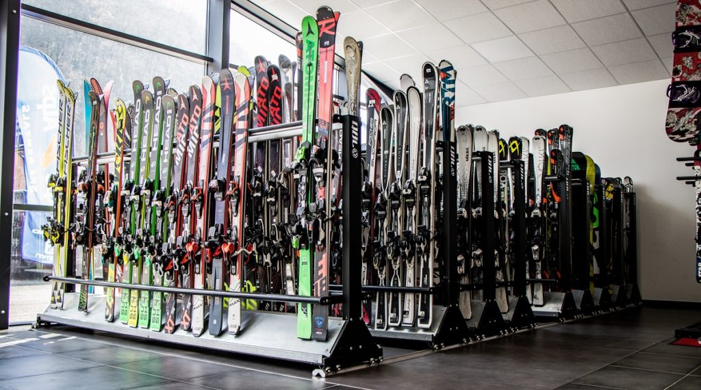 New ski equipment in storage