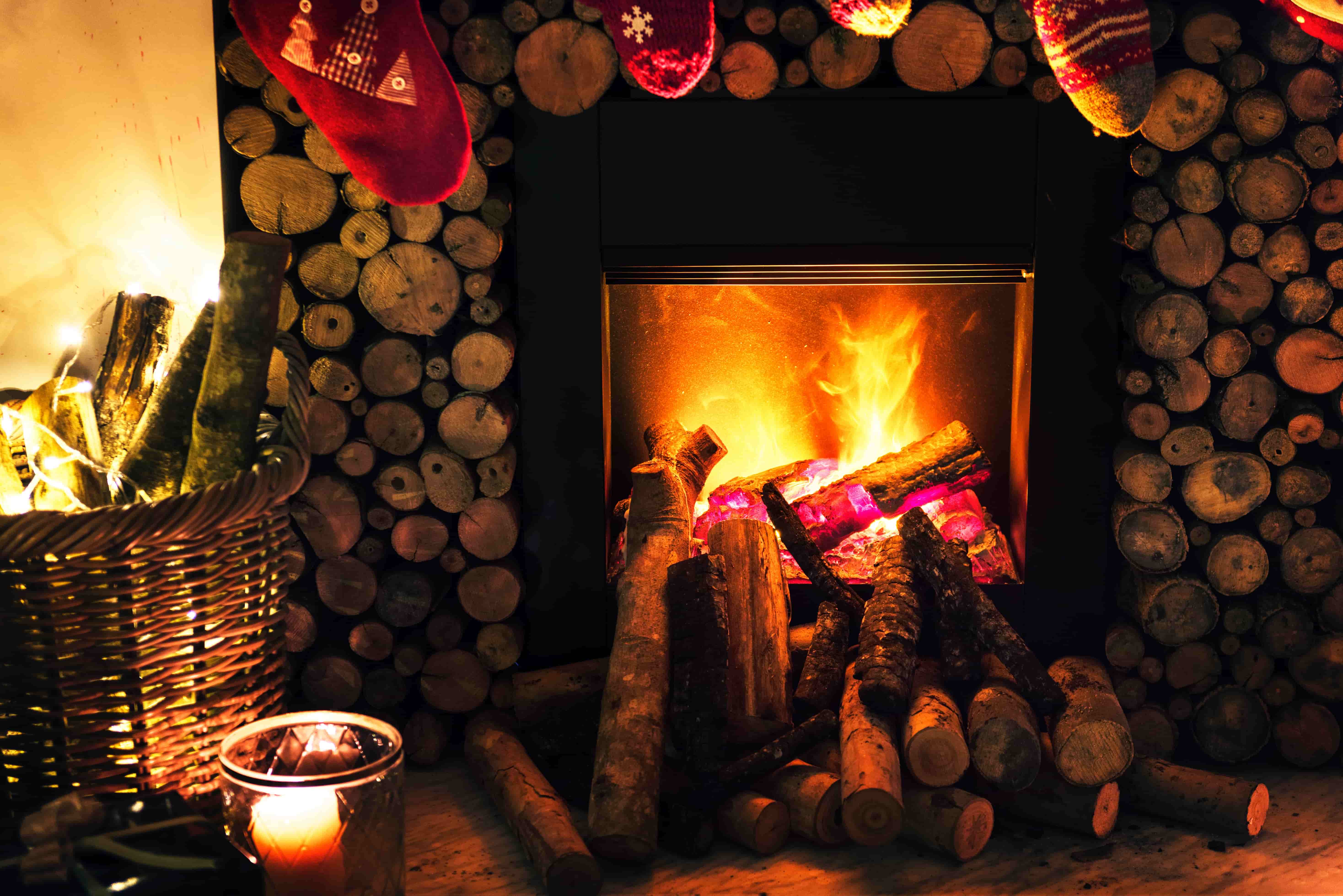 A log fire at Christmas in a ski lodge 