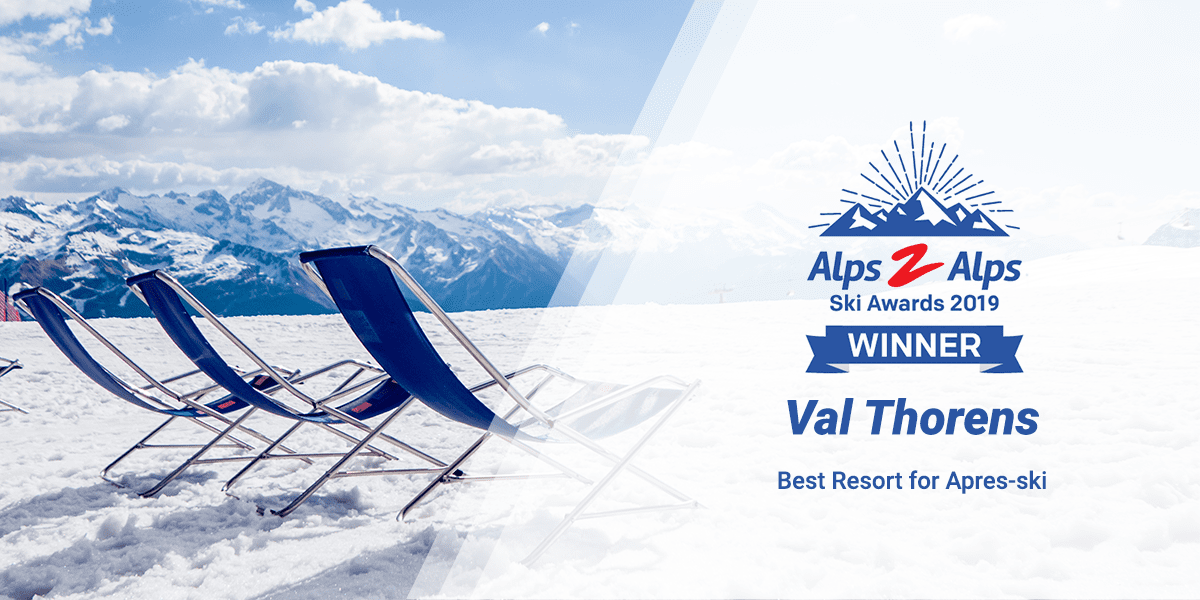 Deckchairs on the slopes with text - Val Thorens, best resort for Apres Ski