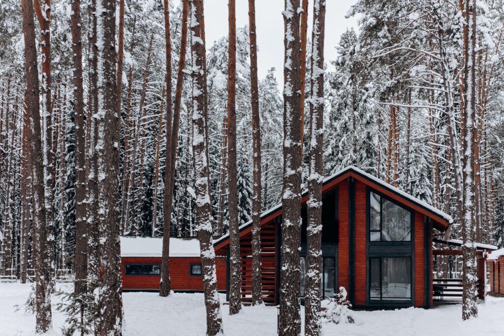 Brick ski chalet surrounded by trees in snowy forest